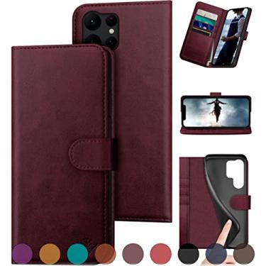 Imagem de DuckSky Capa carteira de couro ultra genuíno para Samsung Galaxy S23 【Bloqueio RFID】【Suporte para 4 cartões de crédito】【Couro real】 Capa flip Folio Book capa protetora para telefone mulheres homens para S23Ultra capa vinho tinto