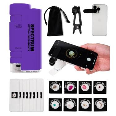 Imagem de Microscópio de bolso para crianças, microscópio portátil 60X - 120X para crianças, microscópio portátil com 8 slides Spicemen, microscópio infantil para estudantes, microscópio roxo