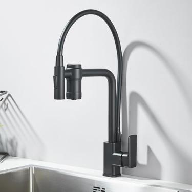 Imagem de Torneira de cozinha com filtro de água, torneira retrátil de água filtrada, 2 em 1, torneiras misturadoras, preto fosco