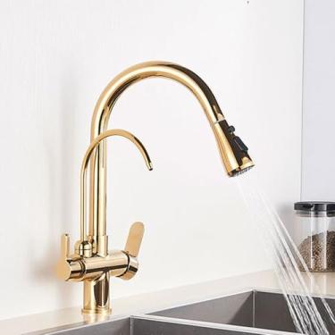 Imagem de Torneira purificada Kithcen dourada/preta/cromada, torneira retrátil com filtro de água, misturador de água quente e fria de 2/3 vias, guindaste para cozinha e bebidas, dourada A