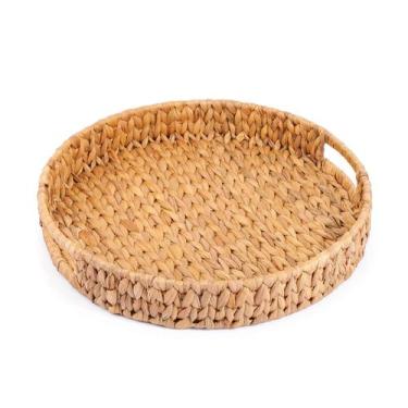 Imagem de bandeja decorativa 38cm redonda com alças de palha fibra natural - Oik