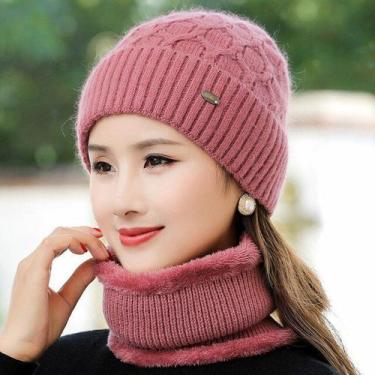 Imagem de Touca De Inverno Feminino Com Cachecol, Gorro Forrado Com Pele De Coel