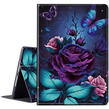 Imagem de BPQOJB Capa para Galaxy Tab S8 Plus/S7 FE/S7 Plus com suporte ajustável e ativação automática / hibernar inteligente para Samsung Galaxy Tab S8 Plus/S7 FE 5G/S7 Plus - Rosa roxa e borboleta azul