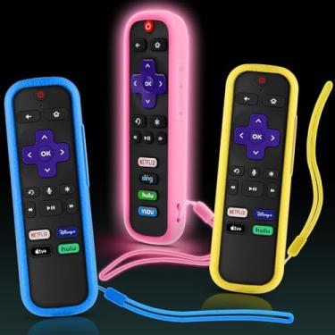Imagem de SOTATOO (Pacote com 3) Capa para controle remoto Roku, capa para Hisense/TCL Roku TV Steaming Stick/Express, capa protetora universal de silicone para controle remoto que brilha no escuro, rosa,