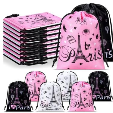 Imagem de Cunno 24 peças de sacos de cordão de Paris para lembrancinhas da Torre Eiffel, decorações de aniversário de Paris, 18 cm, rosa, branco, preto, cordão para meninas, mulheres, academia, aniversário, chá