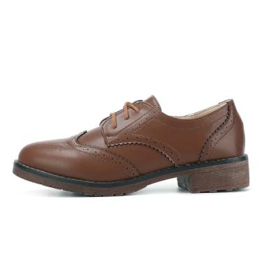 Imagem de Tênis feminino moderno Oxford salto bloco cadarço Derby casual Brogue tênis marrom, Marrom, 38