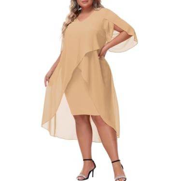 Imagem de Hanna Nikole Vestido feminino de chiffon plus size com babados manga 3/4 para festa de casamento com bainha alta e baixa, Champanhe, 50