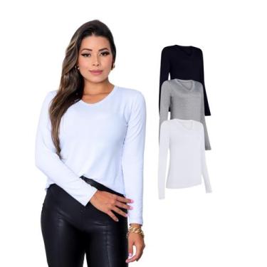Imagem de Kit Com 3 Camisetas Manga Longa Feminina - Colors - RogerShop, GG, Col