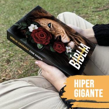Imagem de Bíblia Sagrada Leão Com Rosas Vermelhas Capa Dura Com Harpa Letra Hipe
