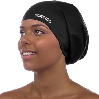 Imagem de Touca de natação - Touca de natação para cabelos longos, dreadlocks, tecidos, extensões de cabelo, tranças, cachos e afros - Touca de natação de silicone para mulheres e homens, mantenha o cabelo seco