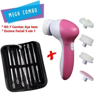 Imagem de Kit 7 Curetas Extrator Cravos Espinhas + Escova Limpeza Facial 5 Em1 -