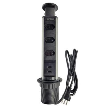 Imagem de Torre  embutir Móveis  3 tomadas de 20A cada e 2 USB-A Preta - HAFELE