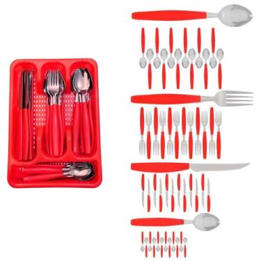 Imagem de Kit Faqueiro Inox Berlim 48 Pçs C/ 2 Porta Talheres Vermelho - EM CASA