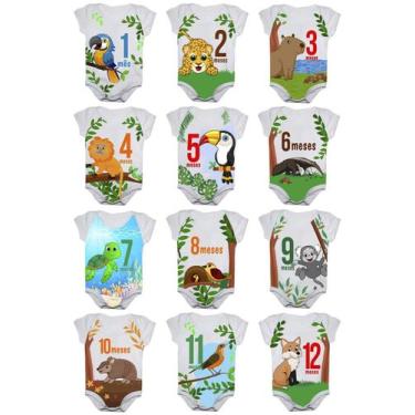 Imagem de Body de Bebê Mesversario Safari Fauna Brasileira Kit Com 12 Bodies de 