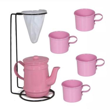 Imagem de Kit Bule Com Suporte Para Coador + 4 Mini Caneca 100 ml - Rosa - Alumí