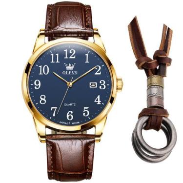 Imagem de Kit Relógio Masculino Analógico Gold Luxo Mais Colar Argola - OLEVS