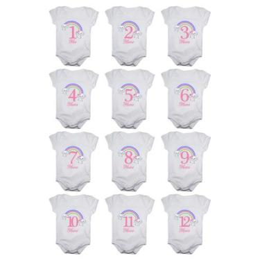 Imagem de Kit Body Bebê Mesversario Manga Curta Arco Iris 12 Bodies de 1 a 12 Me