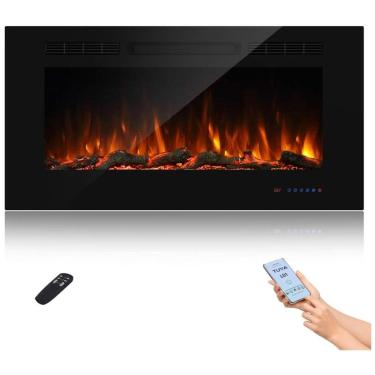 Imagem de Lareira Elétrica Inteligente de 107 cm com Wi-Fi, 5 Configurações de Chama, Troncos ou Cristais, Controle de Temperatura por Painel, Masarflame