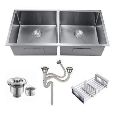 Imagem de Cuba Dupla Inox Quadrada Cozinha Pia Gourmet Prata 75X41 - Revomax
