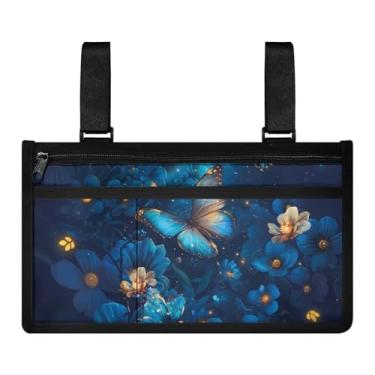 Imagem de Gomyblomy Acessórios de cadeira de rodas de flores de borboleta para idosos bolsa lateral com suporte de copo acessório azul bolsa de apoio de braço para cadeira de rodas bolsa para andador
