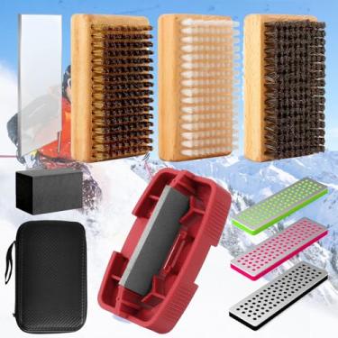 Imagem de pdpdoc Kit de cera de esqui/snowboard, kit de afinação e depilação de snowboard para esqui - Inclui afinador de borda lateral, raspador de plástico, escovas de náilon/latão/crina de cavalo, lixa de