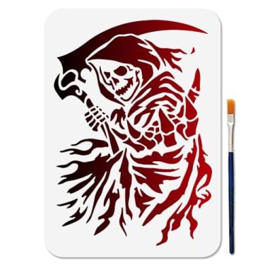 Imagem de MAYJOYDIY Estêncil Grim Reaper Estêncil Foice da Morte para pintura 11,7 × 8,76 cm Capa de crânio reutilizável artesanato modelos de desenho com pincel de pintura para artesanato DIY em parede de