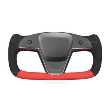 Imagem de MEWANT Capa de volante de carro costurada à mão vermelha e preta para Tesla Yoke Model S Plaid 2021-2023 / Model X 2021-2023 Acessórios de volante para Tesla Yoke