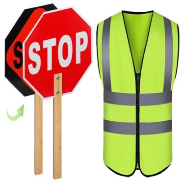 Imagem de Sinal de parada com alça e colete de segurança refletivo, placa de bloqueio de cruzamento e colete de segurança de alta visibilidade, placa de parada lenta dupla face de alumínio de 33 cm com alça,