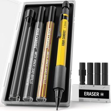Imagem de Four Candies Conjunto de lapiseiras de 1,3 mm com estojo, lápis de carpinteiro de metal resistente para uso externo com 24 refis (vermelho preto amarelo), borracha, 6 refis de borracha para esboço de