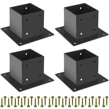 Imagem de Grehitk 4 × 4 postes de base, 4 peças, suportes de poste de deck, tamanho interno 9 x 9 cm de espessura, base de âncora de aço resistente, poste de cerca pesado revestido com pó preto, para suporte de trilhos de varanda e pérgola