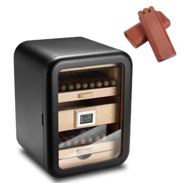 Imagem de Umidificador de gabinete de 100 contagens com gaveta de madeira de cedro espanhol, higrômetro de precisão e umidificador - caixa de mesa de charuto com design transparente frontal presente para a