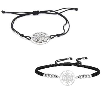 Imagem de UNIFT Pulseira Metatron's Cube para mulheres e homens, geometria de aço inoxidável, estilo vazado, berloque, anjo, círculo, estrela de Davi, pingente de corda dupla, amuleto, joias, presentes, One