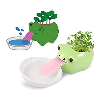 Imagem de Mini vasos de suculentas autoirrigáveis, 1 pacote de vaso de cerâmica animal com língua e orifício de drenagem, vaso de flores de cacto pequeno criativo (sapo)
