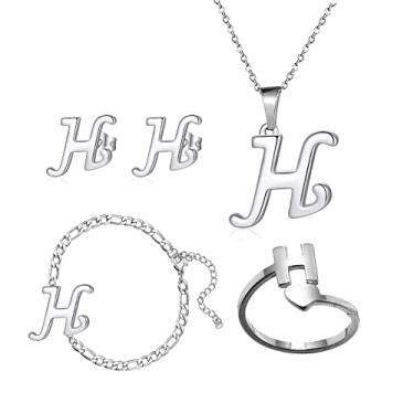 Imagem de Loqimu Pacote com 4 conjuntos de joias iniciais de aço inoxidável para mulheres, anéis de prata, pulseiras, brincos com pingente, colar, gargantilha maiúscula, corrente, brincos de orelha, presente,