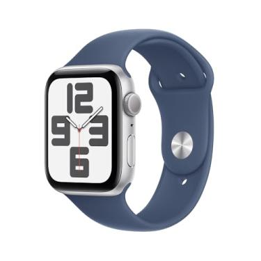 Imagem de Apple Watch SE GPS • Caixa prateada de alumínio – 44 mm • Pulseira esportiva denim – M/G