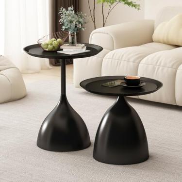 Imagem de Mesas de encaixe, mesas laterais pretas, mesas de canto modernas para sala de estar, conjunto de 2 mesas de centro de assento, mesas de pedestal