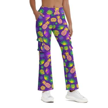 Imagem de Balicaton Calça feminina de ioga elástica com boca de sino elástica casual com bolsos, Carnaval - abacaxi, 3G