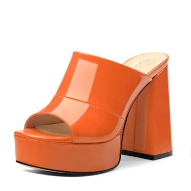 Imagem de CDXJHYMY Sandálias femininas de salto grosso, plataforma quadrada, bico aberto, sandálias de salto alto, sem cadarço, vestido de festa, casamento, Patente laranja, 35 BR
