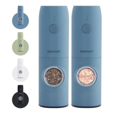 Imagem de SAKAMOSH Conjunto elétrico de moedor de sal e pimenta, recarregável, grossura ajustável com luz LED, saleiro elétrico e pimenteiro recarregável (2 pacotes, azul)