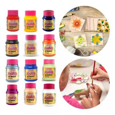 Imagem de Tinta Para Artesanato Fosca Pva 37ml Kit C/ 12 Cores Acrilex