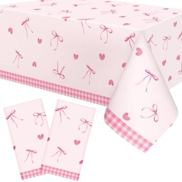 Imagem de WGXX 2 peças de toalha de mesa Coquete com laço rosa, tema de laço, plástico, descartável, retangular, impermeável, para mulheres, meninas, chá de bebê, decoração de festa