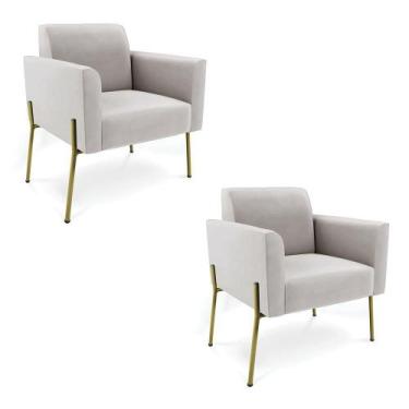 Imagem de Poltrona Pé De Ferro Dourado Para Salão Kit 2 Marisa Veludo Cinza D03 