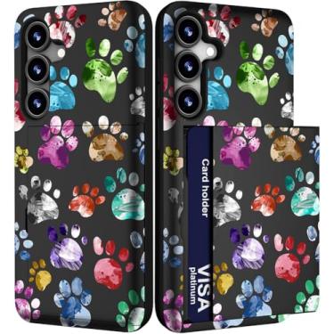 Imagem de IWONE Capa para celular compatível com Samsung Galaxy S24 FE fofa com porta-cartões/S24FE Slim Wallet Phone Cover for Women/Colorful Doodle Paws Dog Craws Footprints Animal Watercolor