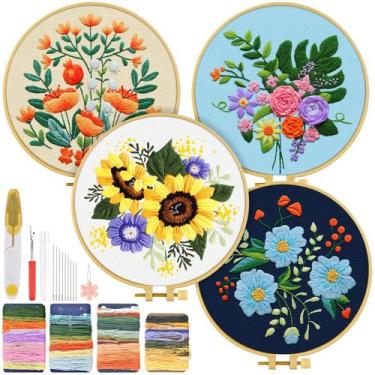 Imagem de Kit de bordado TINDTOP Floral para adultos com aro de bordado