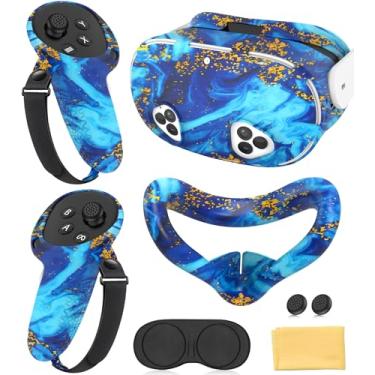 Imagem de Conjunto de capa de silicone compatível com acessórios Meta Quest 3S, capa protetora de realidade virtual, alças de controle, fone de ouvido frontal e protetor de lente (azul ilusão)