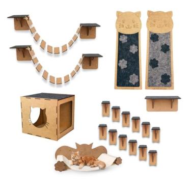 Imagem de BOXFAN Kit Playground Gatos 19 peças Arranhador Parede Brinquedo Gato Suspenso Nicho Toca Casinha Degraus Pontes Mdf
