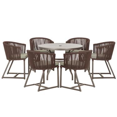 Imagem de Mesa com 6 Cadeiras de Jantar Roma 120cm e Noronha em Alumínio Marrom Corda Náutica Estofado 8 Trama Original