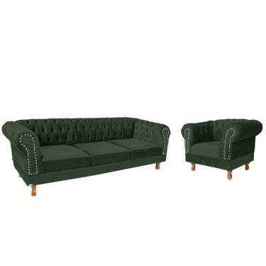 Imagem de Um Sofá Chesterfield Duque 1.80 + Uma Poltrona- Suede Verde Musgo / Sala Recepção Barbearia Decoração