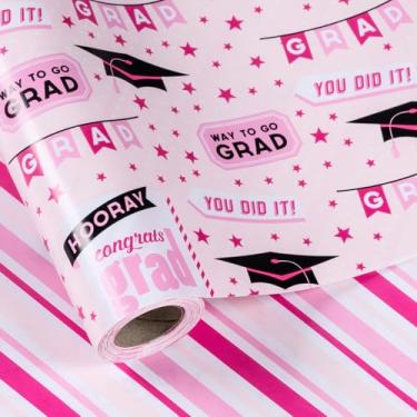 Imagem de LeZakaa Rolo de papel de embrulho reversível de graduação - Mini rolo rosa - design de tampa valetadeira e listras - 43,2 x 32,8 pés (46,45 pés quadrados)