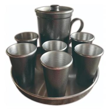 Imagem de Jogo de 6 Copos Com Jarra e Bandeja 8 Peças Kit Suco de Alumínio (Preto Craqueado)